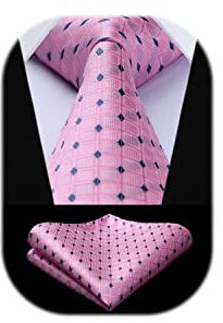 HISDERN pour homme rose à carreaux cravate mouchoir Jacquard tissé classique pour homme cravate et pochette ensemble