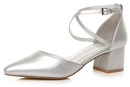AJVANI Womens Ladies mid Block Heel Cross Strap Evening Mary Jane Court Shoes Size 5 38 Silver