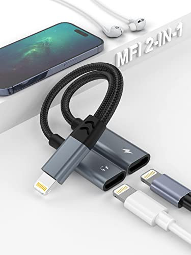iphone Adapter for Headphone Jack and Charger Dual Lightning 3.5 Headphone Audio & Lightning Charger Splitter for Calling+Music+Charge+Mic+Control Apple Earphones Converter for iPhone 14/13/12/11/ipad