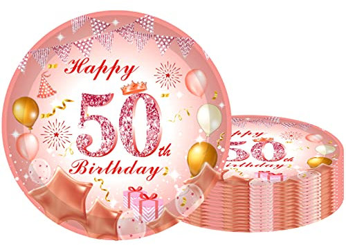 50th Party Plates 7 inch Rose Gold,50th Birthday Paper Plates Rose Gold 16Pcs,50th Pink RoseGold Birthday Paper Tableware Set for Her BirthdayGifts,50thWomen BirthdayParty Decorations
