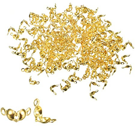 sourcing map 400Stk Offene Perlen Spitzen Knoten Abdeckungen 1.3mm Metall Zweischalig Crimpen Aufklappbare Kalotte Ende Kappen für Schmuck Herstellung DIY Handwerk Gold