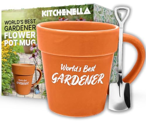 World's Best Gardener Blumentopf-Kaffeetasse mit Metallschaufel, Spaten, silberfarbener Löffel & Geschenk-Box – Keramik-Blumentopf mit Text auf beiden Seiten – ein tolles Geschenk für ihn, Ihren
