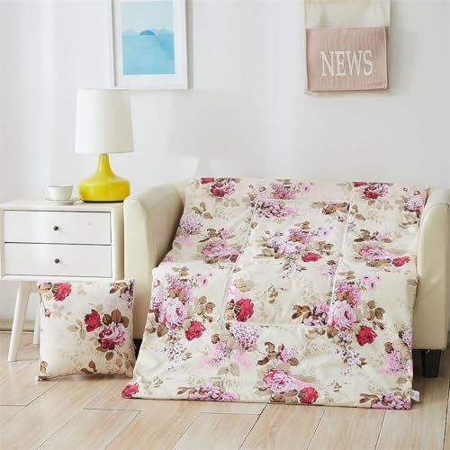 Surwin Couverture et Oreiller de Voyage 2 en 1, Couvre-lit Microfibre Convertible en Coussin, Courtepointe Léger Adapté au Sommeil en Voiture, au Bureau et en Avion (150x195cm,Rose Beige)