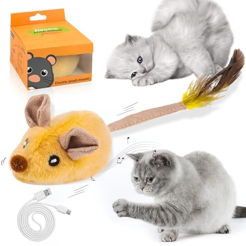 Cat Toys Interactive for Indoor Cats, Electric Automatic Moving Mouse Cat Toy Self Play with Squeaky Sound Dynamic Magic Tail, Rechargeable LED Mice Cat Toys for Bored Indoor Adult Cats, Kitten