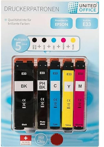 United Office Druckerpatronen Multipack für Epson Tintenpatronen E33 mit Chip XP 530 540 630 635 640 645 830 900 7100