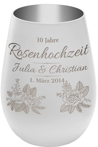 Windlicht mit Gravur ''10 Jahre Rosenhochzeit'' - Weiß/Silber - Glas Teelichthalter personalisierbar mit Wunschtext - Geschenk zu Valentinstag Hochzeit Verlobung Jahrestag