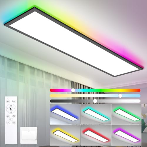 IEGLED LED Panel 120x30cm Deckenlampe Flach Dimmbar mit Fernbedienung, 40W 4400LM Deckenpanel mit RGB Backlight, 3000K-6500K LED Deckenleuchte für Wohnzimmer, Büro, Schlafzimmer, Schwarz
