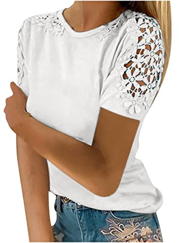 Suelta Camisetas Manga Corta Mujer,Tallas Grandes Camiseta Mujer de Mangas de Encaje Huecas Camiseta Blanca Mujer Color Sólido Blusas Mujer Verano 2024 Elegantes Multicolor Casual Tops