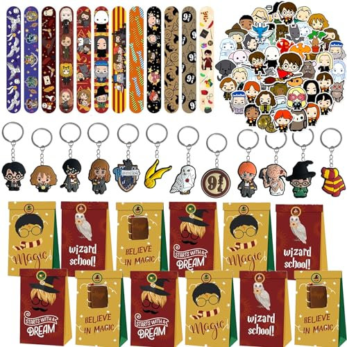86 piece party bag filler set Wizard Party Bag Fillers, Magical Party Favours 12pcs Keychain 12 Party Bags 50 Stickers 12 Slapbands Party Supplies Goodie Bag Fillers for Kids Boys