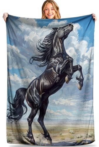 MIEPOS Majestic Überwurfdecke mit schwarzem Pferd, weiche, gemütliche Plüsch-Flanelldecke, leicht und warm, perfekt für Couch, Büro oder Reisen, flauschiges Dekor, 127 x 152 cm