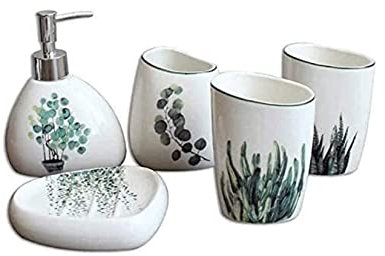 Seifenspender Seifenspender Badezimmerzubehör Hoteldekor, weiße Keramik und grünes Pflanzenmuster Waschtisch-Arbeitsplatten-Zubehörset Deko
