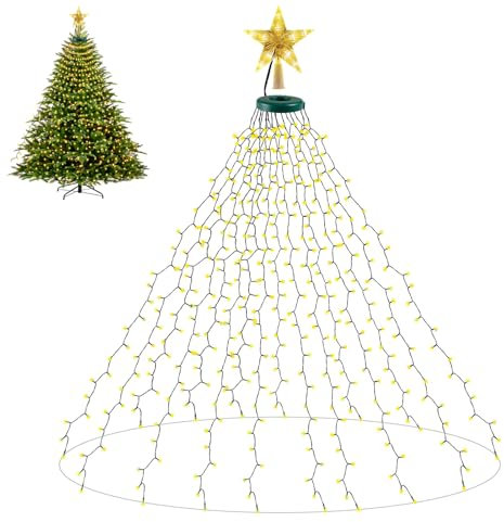 Lichterkette Weihnachtsbaum,2M 16 Stränge 400 LED Lichterkette mit Weihnachtsbaumspitze Stern,IP44 Wasserdicht 8 Modi Christbaumbeleuchtung mit Ring,Weihnachtsbaum Deko für 150cm-240cm Baum,Warmweiß