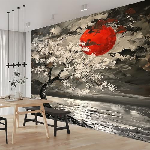 3D Papier Peint Panoramique Tapisserie Intissé Murales Fleurs Cerisier Soleil Rouges Style Japonais 350x256 cm, Papier Peint Enfant pour Salon Chambre Décoration Murale, Papier Peint Chambre Enfant