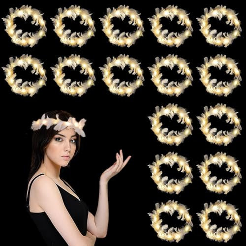 HIQE-FL LED Federkranz Stirnband,16 Stück LED Blumenkranz Haare,Leuchtende Haarkränze,LED Blumenkranz,Haarkranz Feder,Halloween,Weihnachten,Party Dekoration (C)