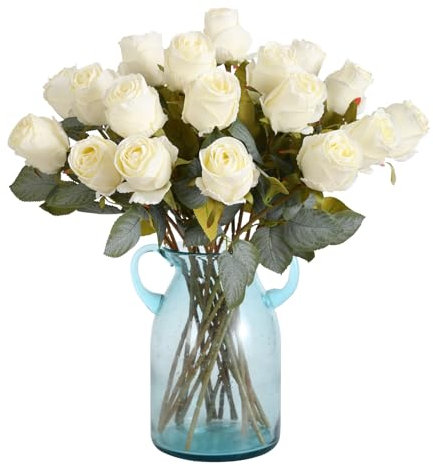 Kisflower 20 Pcs Artificial Rose Flower,Silk Blossom Rose Realistic Flower for Table Office Party Wedding Home Decor(White,20pcs)