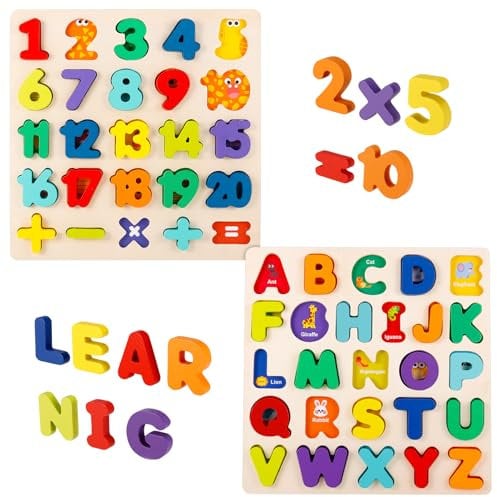 Wooden Jigsaw Puzzles for Kids Age 3+, Numbers & ABC Alphabet Learning Toys - Wooden Puzzles Toys for Early Education Gifts