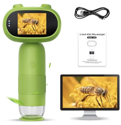 CALISTOUK Microscopio para Niños 1000X, Microscopio Portátil con Aspecto de Rana y 8 LED Ajustables, Microscopio Digital con Grabación de Fotos y Videos para Cumpleaños/Navidad