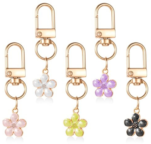 Lnngub Cute Flower Keychains for Women, 5 Stück Blume Schlüsselanhänger 5 x 1,2 cm Ästhetische Schlüsselanhänger aus Metall Dekorativer Damen-Schlüsselanhänger für Rucksäcke, Handtaschen, Geldbörsen
