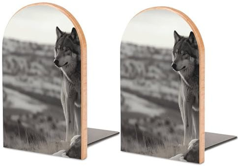 1 Paar handgefertigte Buchstützen aus Holz, Wolf auf dem Gras, rutschfest, dekorative Buchstützen, Buchstopper, Buchregalhalter für Regale, schwere Bücher