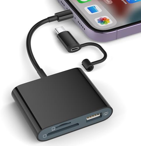 SZHAIYIJIN SD Card Reader for iPhone, Memory Card Reader with USB-C to Lightning Adapte Plug and Play Trail Game Camera Micro SD Card Viewer Support SD/TF Card and USB Adapter for iPad No App Required
