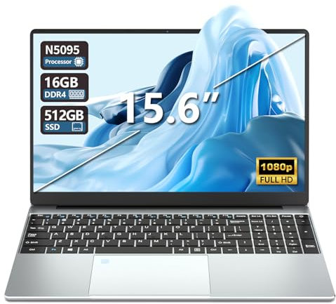 Portátile 15.6, Celeron N5095, Ordenador Portatil 16GB RAM 512GB SSD, Win11 PC Portatil Desbloqueo Huellas Dactilares+Teclado Retroiluminado, 180°Opening and Closing Pantalla, Mini-HDMI+USB3.0