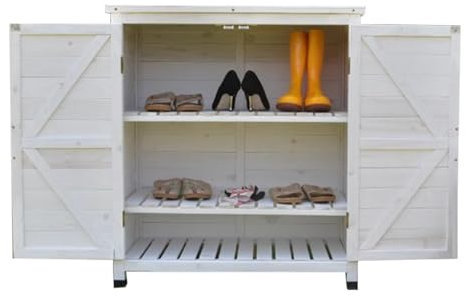 Easnuroz Kleines Gartenhaus Holz Mit Doppeltüren Aus Fichtenholz & Holzdach Mit Oberem Fach, 2 Abnehmbare Regale(Weiß)