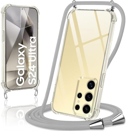 Coiwxmoi Coque avec Cordon pour Samsung Galaxy S24 Ultra, Collier Réglable Téléphone Étui Portable Lanyard Case Transparent Ultra Souple Silicone TPU Housse Antichoc Protection Cover, Gris