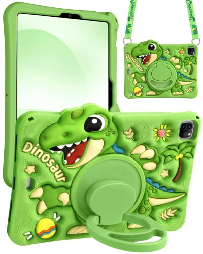 Kokaade Coque en silicone pour iPad Air 11 M3 2025 et M2 2024 – Pour Air 5e/4e génération 2022/2020 10,9 pouces – Joli dinosaure vert avec bandoulière et support rotatif pour garçons et filles