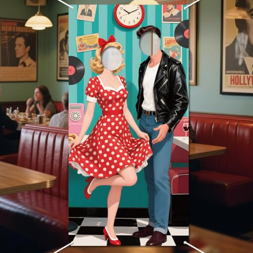WADORN 50s Party Motto Fotobanner 90x180cm für Party Supplies | 50's rock and roll foto tür hintergrund requisiten dekor; stoff fotografie hintergrund party supplies;großes paar türbanner