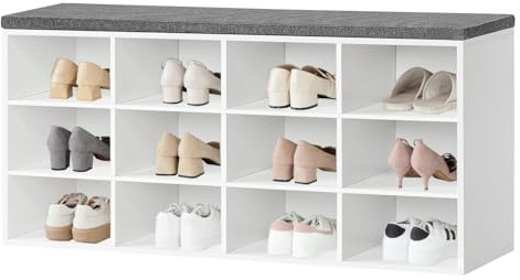 HOOBRO Schuhbank mit 12 Fächern, Schuhregal mit gepolsterter Sitzbank, Schuhschrank, für Flur, Wohnzimmer, Schlafzimmer, Weiß und Greige EWT67HX01