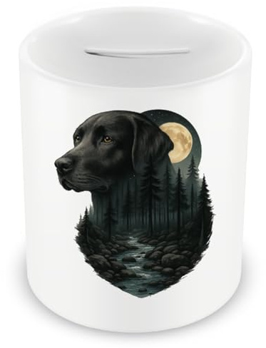 Samunshi® Spardose mit dem Motiv Labrador Retriever im Mondlicht - Spardose für Labrador Retriever Fans Sparschwein mit Hunde Motiv Sparbüchse Cash Money Geld weiß 330ml