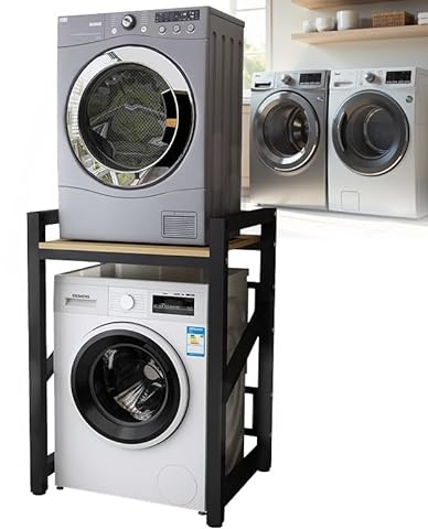 Washer Dryer Stand Stacking Kits, 3 Gear Height Adjustable Washing Machine Stacking Kits, Tumble Dryer Stacker Unit, 660lbs Max Load, 4X4cm Thick Metal Frame, for Bathroom Laundry Room (Balck A)