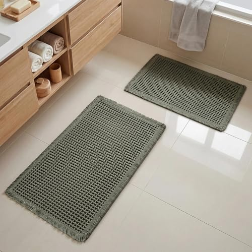 wiipara Badezimmerteppich Set 2 Teilig, Boho Waffel Badteppich, Beige | Rutschfeste Badematte Waschbar Badezimmermatte Bad Vorleger für Wohnzimmer Badezimmer Wäscheraum Küche, 46x77cm + 43x61cm