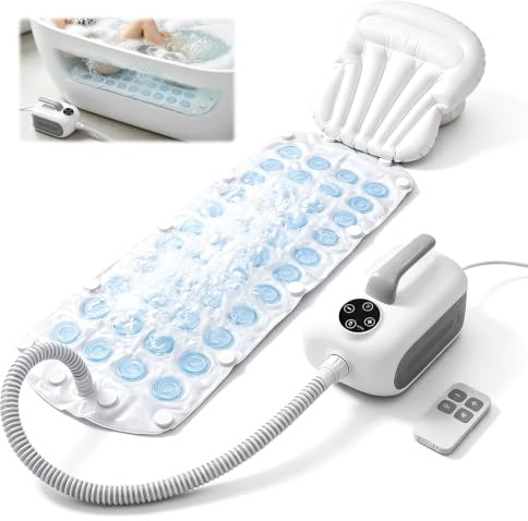 Tappetino Bolle da Bagno con Cuscino, Tappetino per Idromassaggio con 6 Livelli di Intensità, Ventose Antiscivolo, Tappetini Bolle Massaggiatore per Rilassamento Domestico con Telecomando
