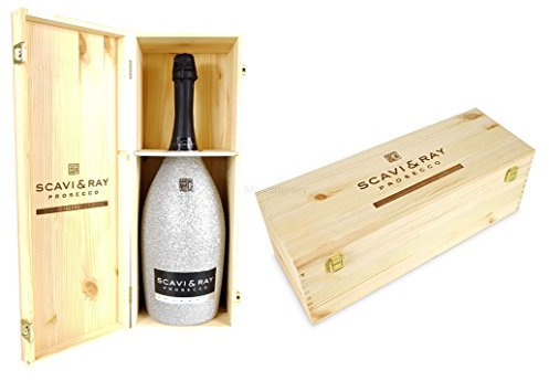 Scavi & Ray Prosecco Spumante Magnum 3l (11% Vol) Bling Bling Glitzerflasche Silber + Holzbox Holzkiste -[Enthält Sulfite]