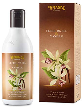 L'AMANDE - Bagnoschiuma Donna Fresco con Sali Minerali, Docciaschiuma Gel Detergente e Idratante Corpo Vaniglia e Rosa Bianca, Bagno Schiuma Delicato e Naturale - Fleur De Sel & Vanille, 250 ml
