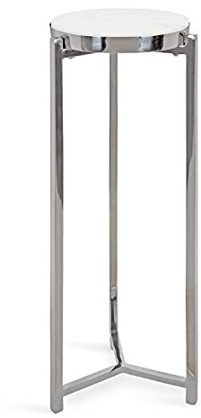 Kate and Laurel Aguilar Glam Drink Table, 8 x 8 x 23, Silver and White, Transitional Tea Table and Plant Stand with Marble Tabletop