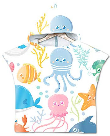 Chickwin Poncho Toalla de Baño con Capucha, para Playa, Bañera, Ducha, Natación, Surf para Niños Infantiles (60 * 80cm,Pulpo Azul)