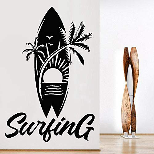 Wfnbzd Wassersport Wandtattoo Surf Surfbrett Palm Beach Sunshine Kreatives Muster Vinyl Wasserdichter Wandaufkleber Teen Room Decoration 85x57cm