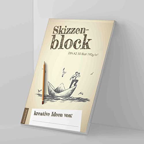 Zeichenblock DIN A2 mit 50 Blatt (blanko), Skizzenblock aus hochweißem Papier mit Matter Oberfläche, 190 g/m², DIN A3/A2 mit Vintage Papierboot Motiv