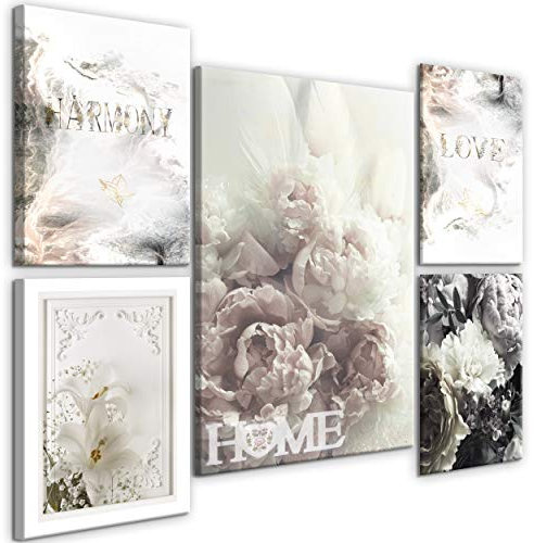 decomonkey Bilder Set Blumen Pfingstrosen 110x80 cm 5 Teilig Leinwandbilder Bild auf Leinwand Vlies Wandbild Kunstdruck Wanddeko Wand Wohnzimmer Wanddekoration Deko Lilie Home