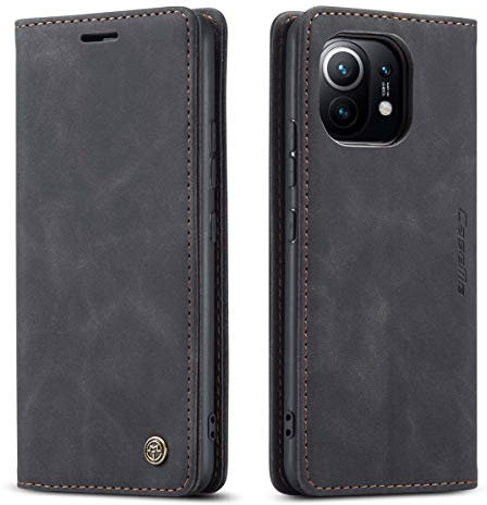 mvced Handyhülle Kompatibel mit Xiaomi Mi 11,Premium Leder Flip Case Schutzhülle mit Standfunktion,Schwarz