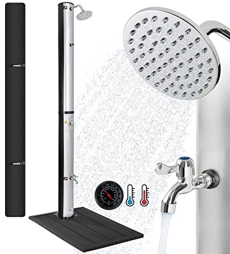 Arebos Ducha Solar 37L y Elemento de Suelo | con Termómetro Integrado y Ducha de Pies | Incl.Portada | Ducha de Piscina para el Jardín | Temperatura del Agua hasta 60°C | Ducha Redonda