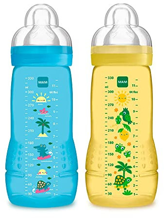 MAM Biberón Easy Active - 2 Biberones con Tetina de Silicona SkinSoftTM flujo nº 3, para Bebés a partir de 4 Meses, con Sistema de Esterilización en 3 minutos, Azul y Neutro, 2 x 330ml