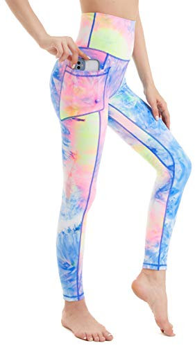 AMYTIS Damen Yogahose Sport Leggings Fitness Stretch Blickdicht Laufhose High Waist mit Handytasche Lang Tights für Laufen Radfahren, Regenbogen#1, L