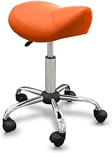 QUIRUMED Taburete Tipo Pony, Ergonómico, con Base de Acero, Color Naranja, Tapizado en Polipiel, Altura Regulable, Asiento Acolchado, Ruedas giratorias, hasta 150 kg