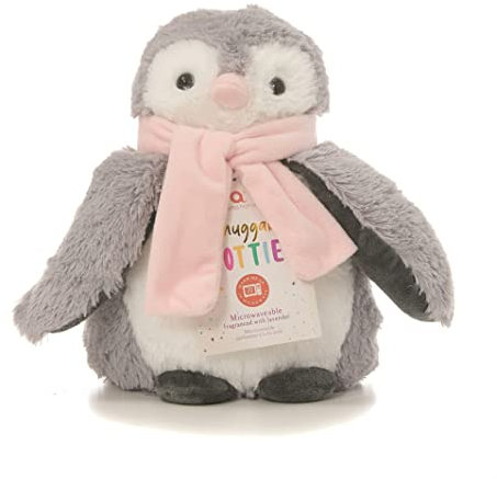 'Lavendar Fragranced Reusable Snuggable Animal Hottie with Heatable / Microwaveable Tourmaline Bead Tummy Insert (Penguin with Pink Scarf - 2022 Design)