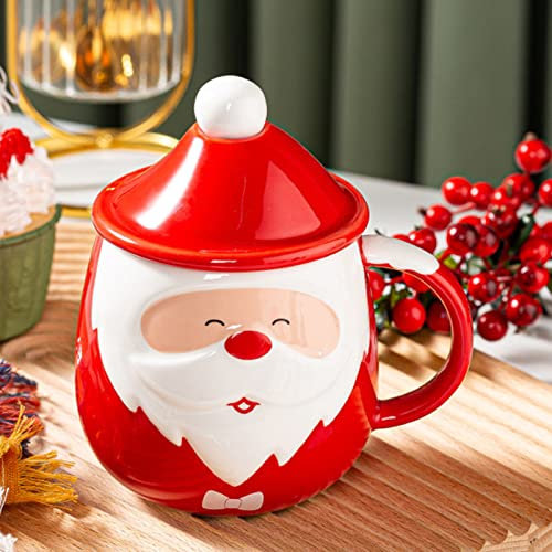 Tazze da caffè natalizie, 2 tazze da Babbo Natale, 425,2 g, in ceramica, con coperchio 3D, con cucchiai, bicchieri da caffè espresso, tazze regalo