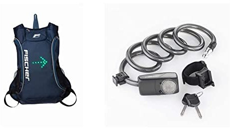 FISCHER Rucksack mit Blinkfunktion | E-Scooter | LED Blinker | 16 Liter & 85908 Alarm-Spiralschloss | Alarm bei Diebstahl | 120cm | 110 db | Spiralschloss | 2 Schlüssel, Schwarz