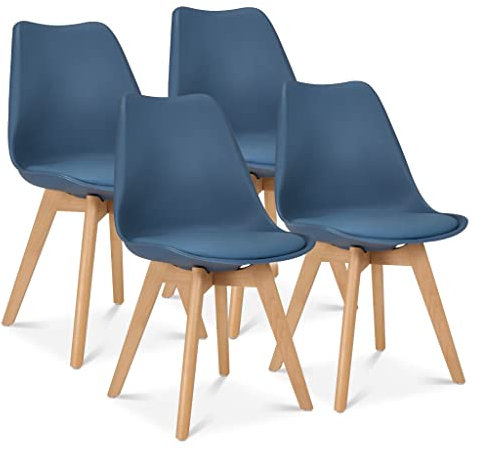 Bravich Set Of 4 Rocco Dining Chairs- Navy. Faux Leather Upholstered Dining Chair With Natural Wooden Legs, Cushion Pad Seat & Back Support For Kitchen Table- 42 x 42 x 81cm.